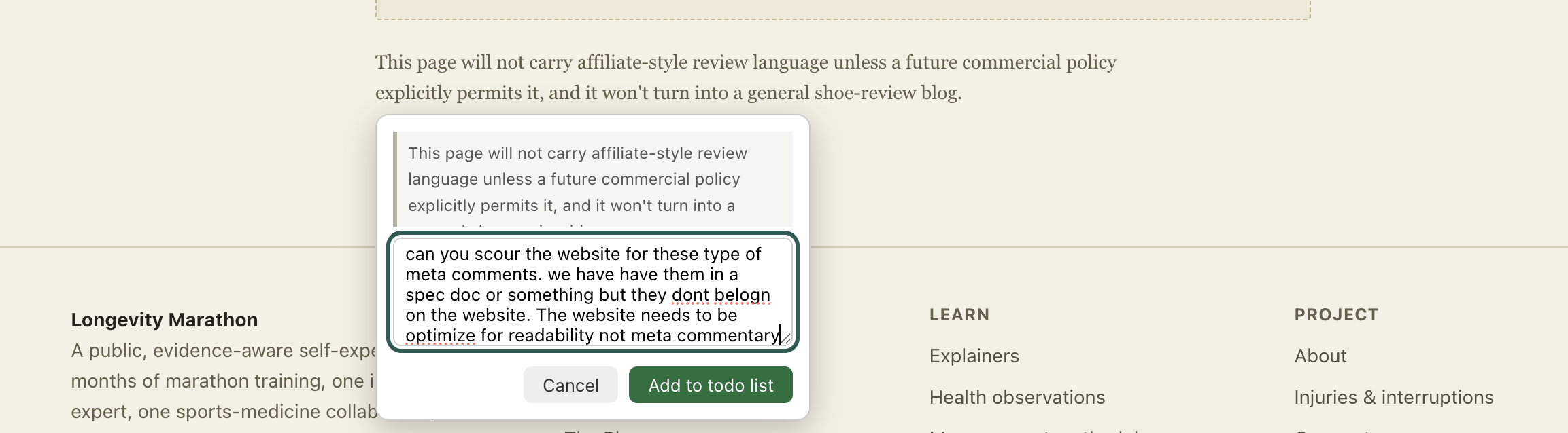 A highlighted paragraph on my own site with an inline comment popover; a text box reads 'can you scour the website for these type of meta comments' above Cancel and Add to todo list buttons