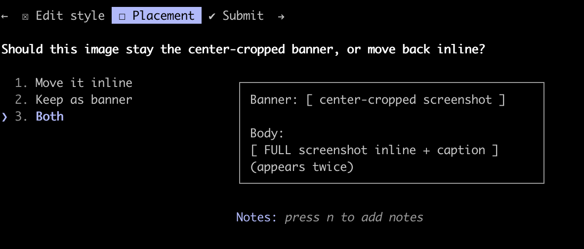 A terminal UI showing a question with numbered options and a boxed ASCII preview sketching a banner-versus-inline layout choice